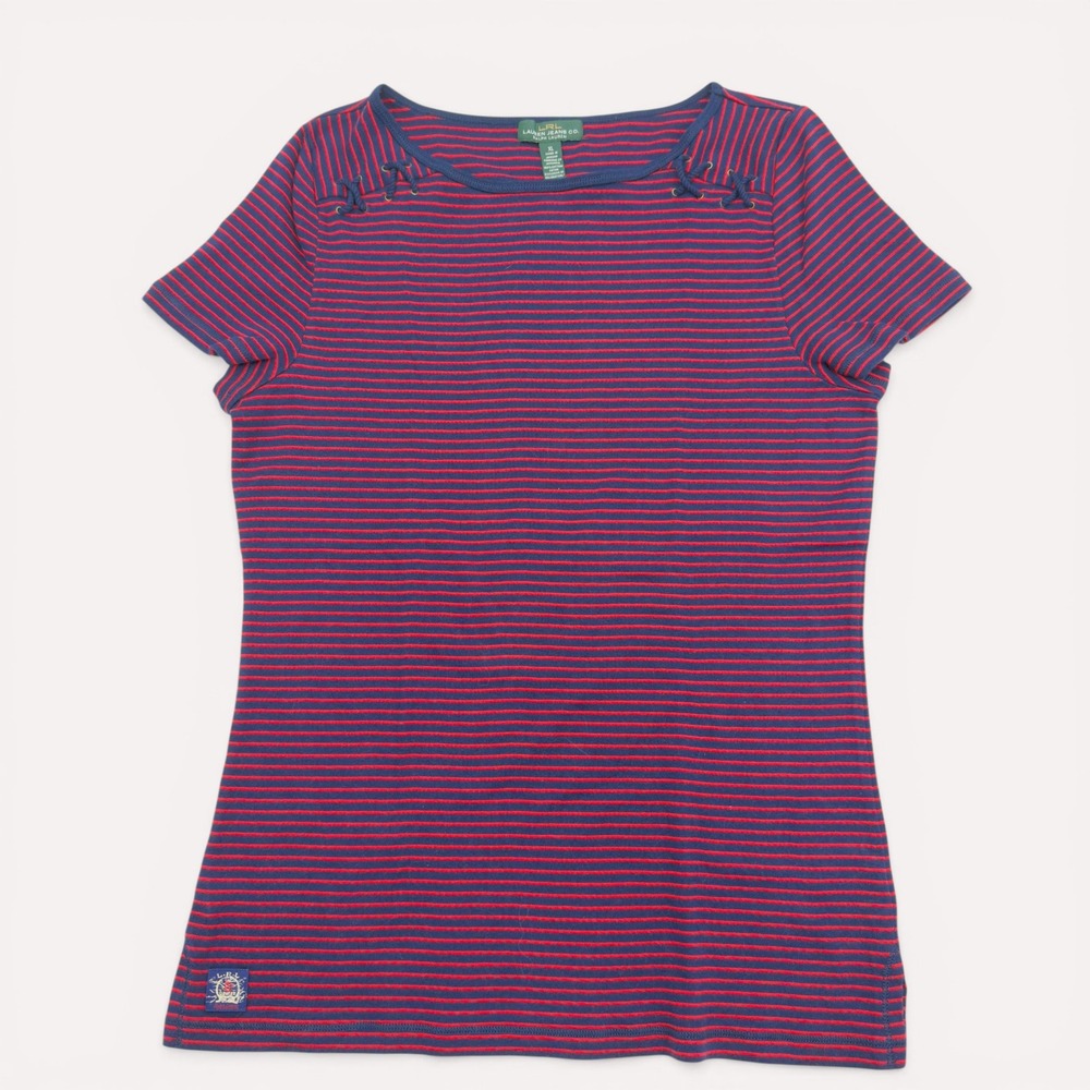 Lauren‎ Ralph Lauren Striped Lace Up Nautical Tee Navy Red Cotton XL Preppy LRL